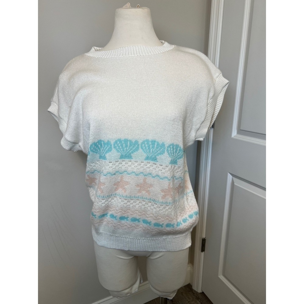 Separate Scene Women Coastal Shell Starfish Sweater XL White Pink Blue Beach